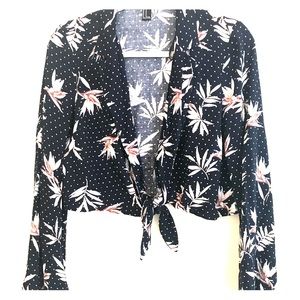 Navy colored open blouse with floral print